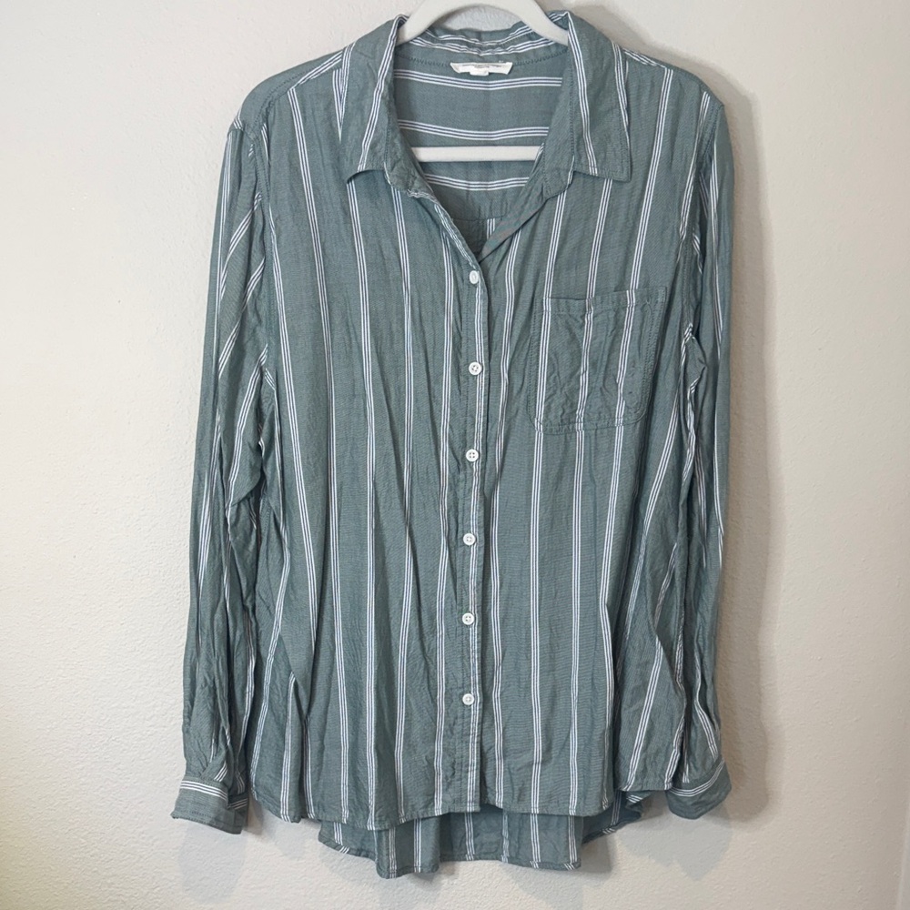 beachlunchlounge Green and White Striped Button-Down Shirt
